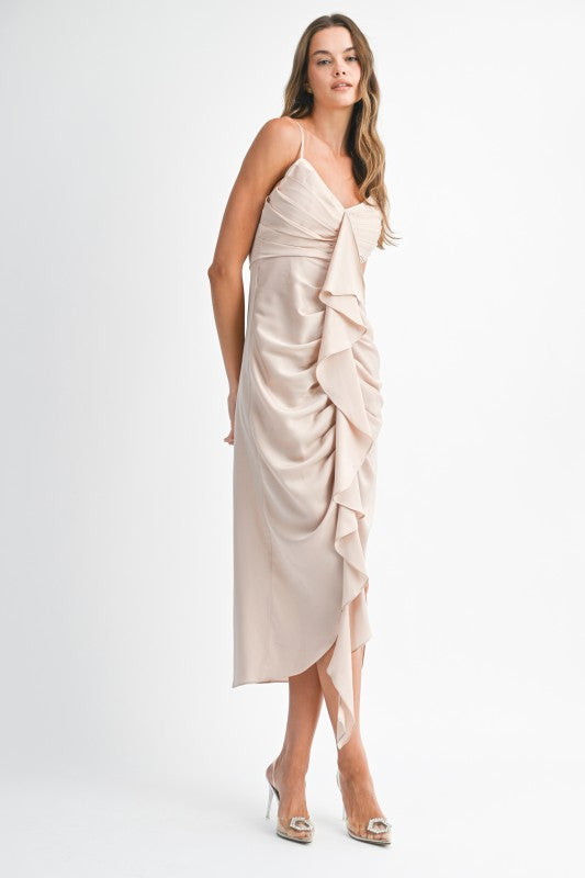 Satin Front Ruffle Midi Dress
