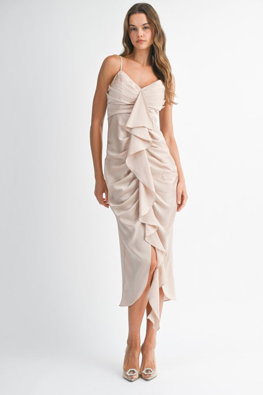 Satin Front Ruffle Midi Dress