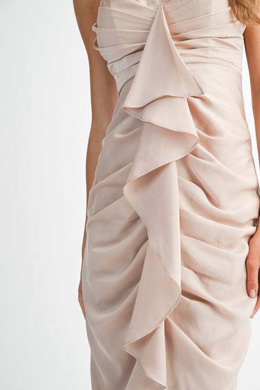 Satin Front Ruffle Midi Dress