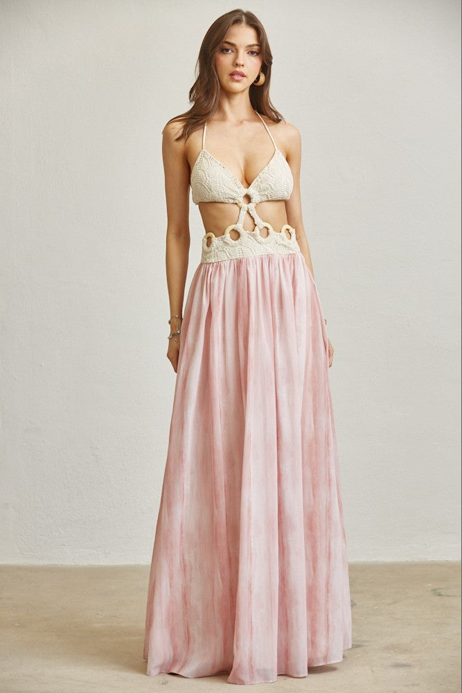 Vestido Maxi Resort de Crochet con Falda Chiffon Estampada