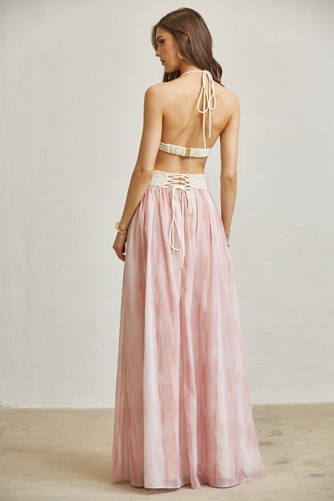 Vestido Maxi Resort de Crochet con Falda Chiffon Estampada