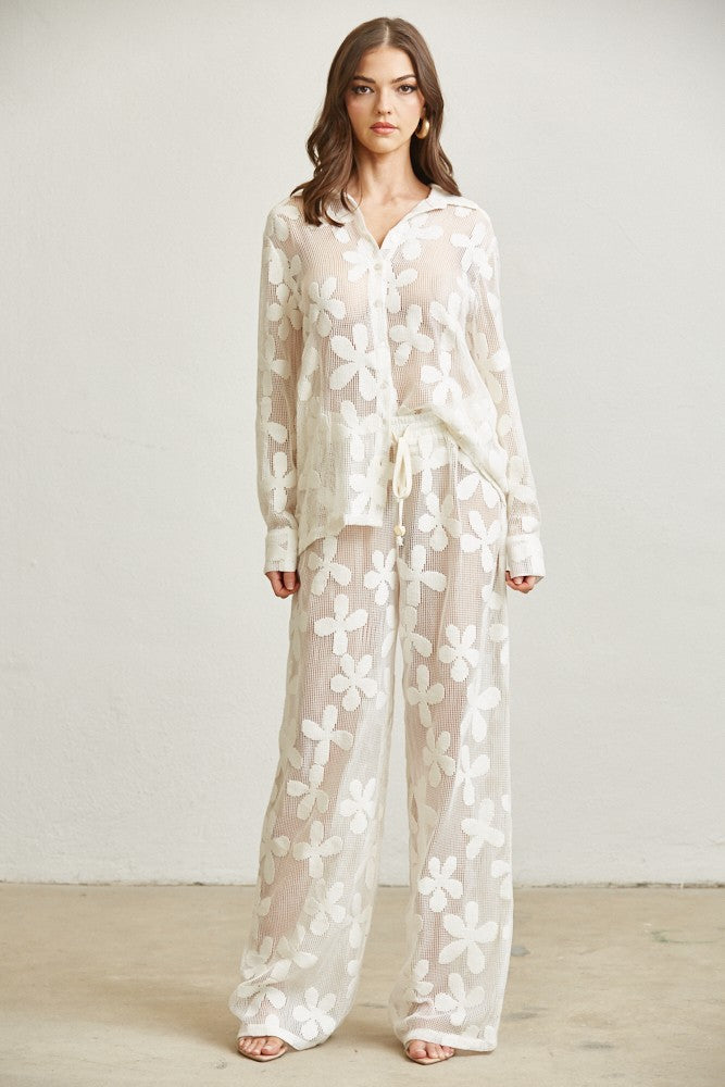 Set Cover Up Resort de Camisa y Pantalón Tejido Floral