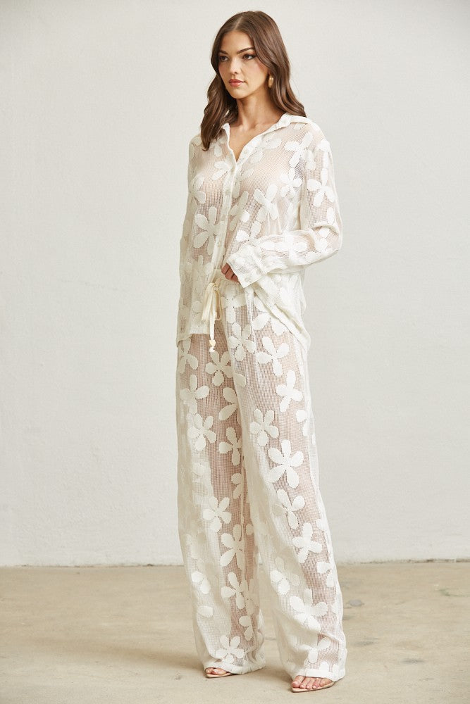 Set Cover Up Resort de Camisa y Pantalón Tejido Floral