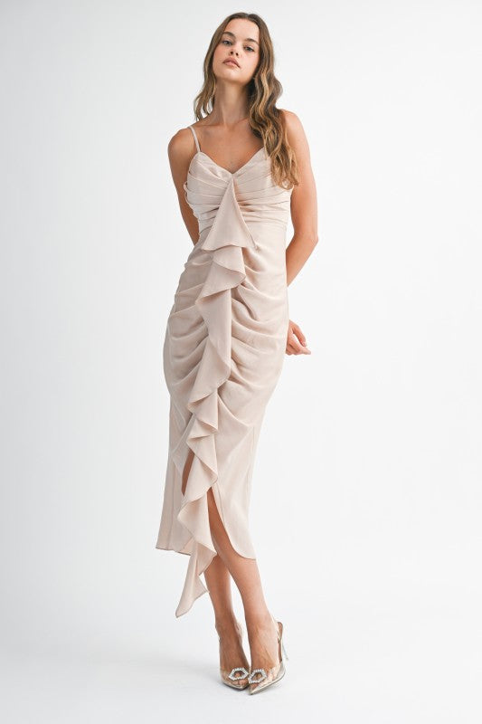 Satin Front Ruffle Midi Dress